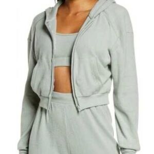 Skims Heavy Waffle Cropped Zip-Up Hoodie Sage Green